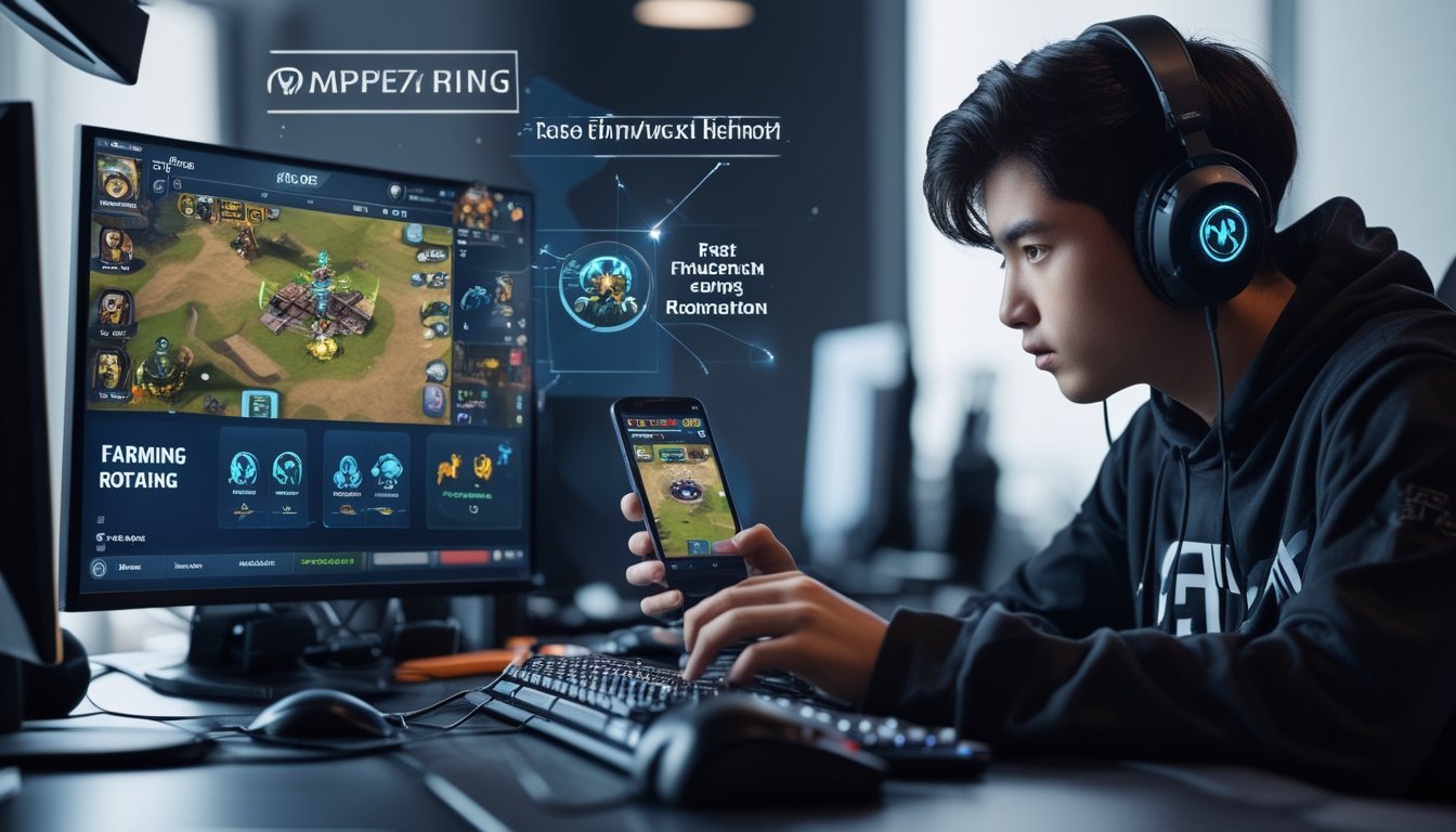 Seorang pemain muda sedang bermain game Honor of Kings di ponsel dengan tampilan permainan dan alat gaming di sekitarnya.