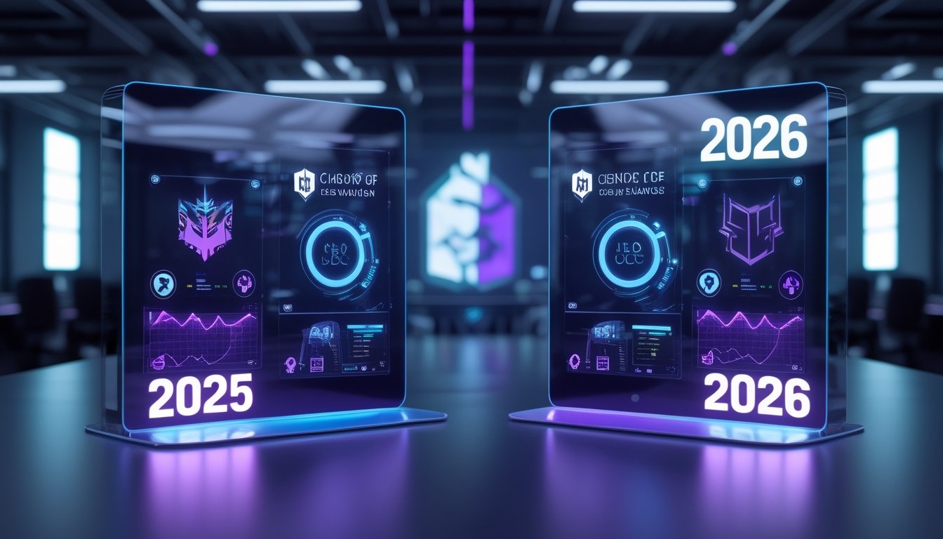 Dua layar holografik futuristik berdampingan menampilkan ikon dan grafik abstrak yang menggambarkan perubahan meta game dari tahun 2025 ke 2026 di ruang kerja teknologi modern dengan pencahayaan neon biru dan ungu.