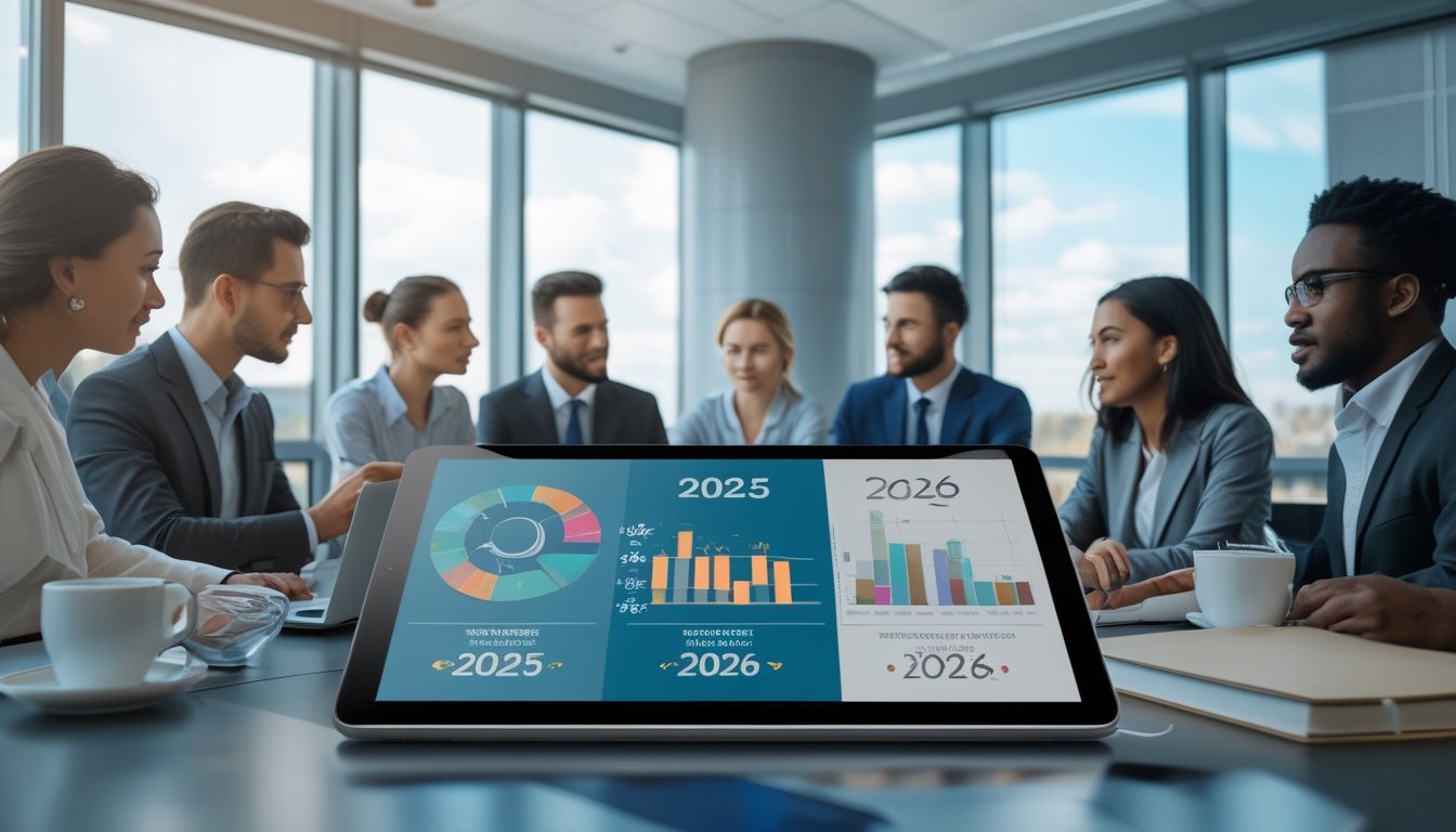 Sekelompok profesional sedang berdiskusi di meja konferensi dengan tablet yang menampilkan grafik perbandingan data dua tahun.