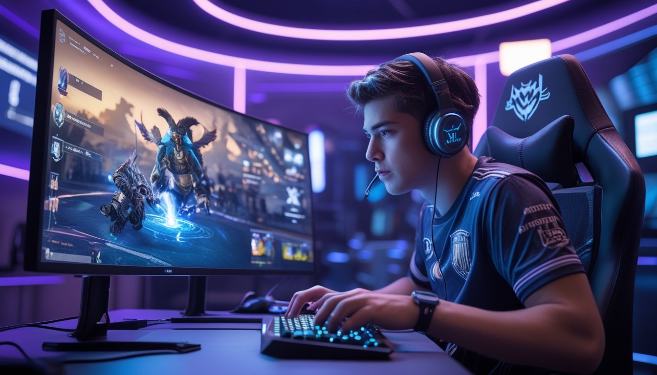 Seorang pemain muda fokus bermain Honor of Kings di depan monitor dengan pencahayaan neon biru dan ungu di ruangan game modern.