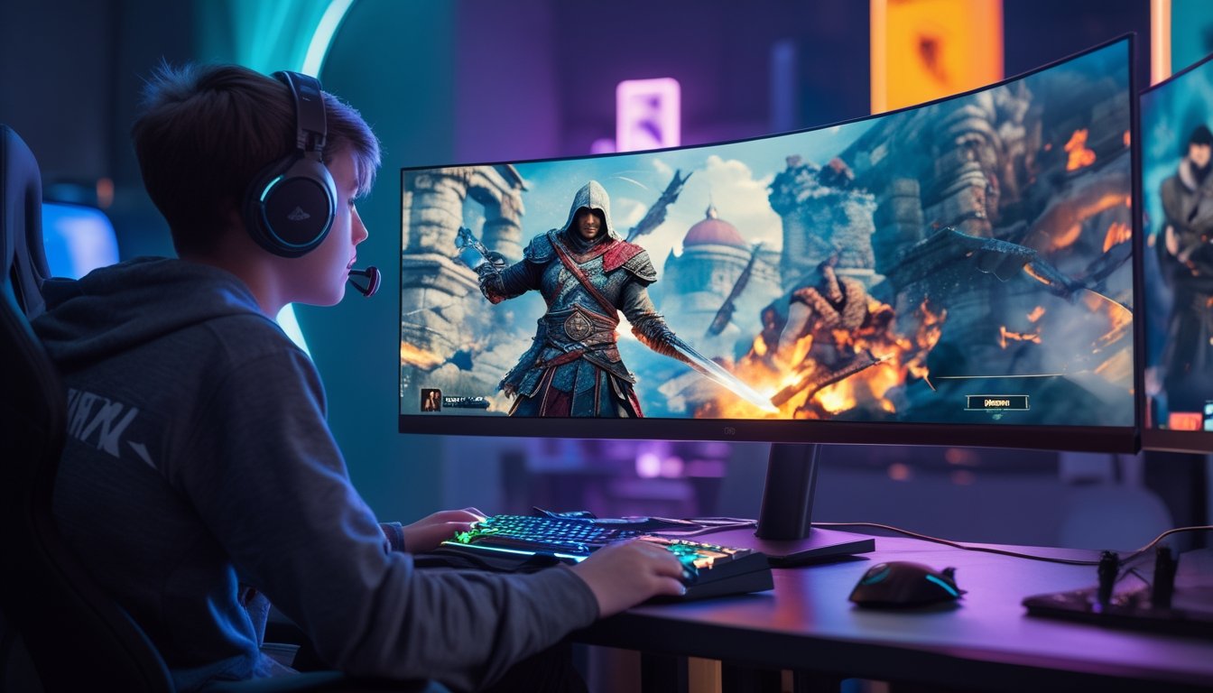 Seorang pemain muda serius bermain Honor of Kings di depan monitor besar dengan latar ruang permainan modern dan perlengkapan gaming.