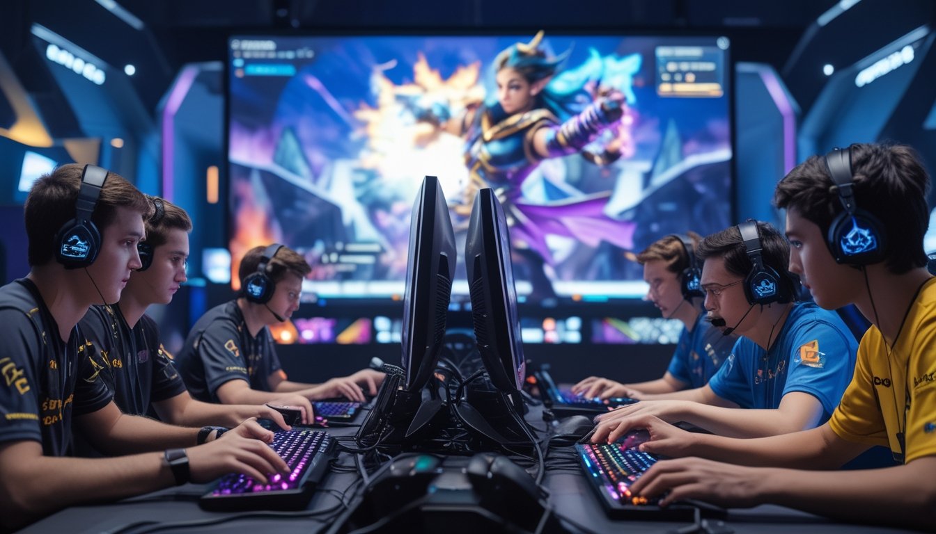 Sekelompok pemain esports sedang bermain bersama dalam pertandingan tim dengan fokus dan semangat tinggi.