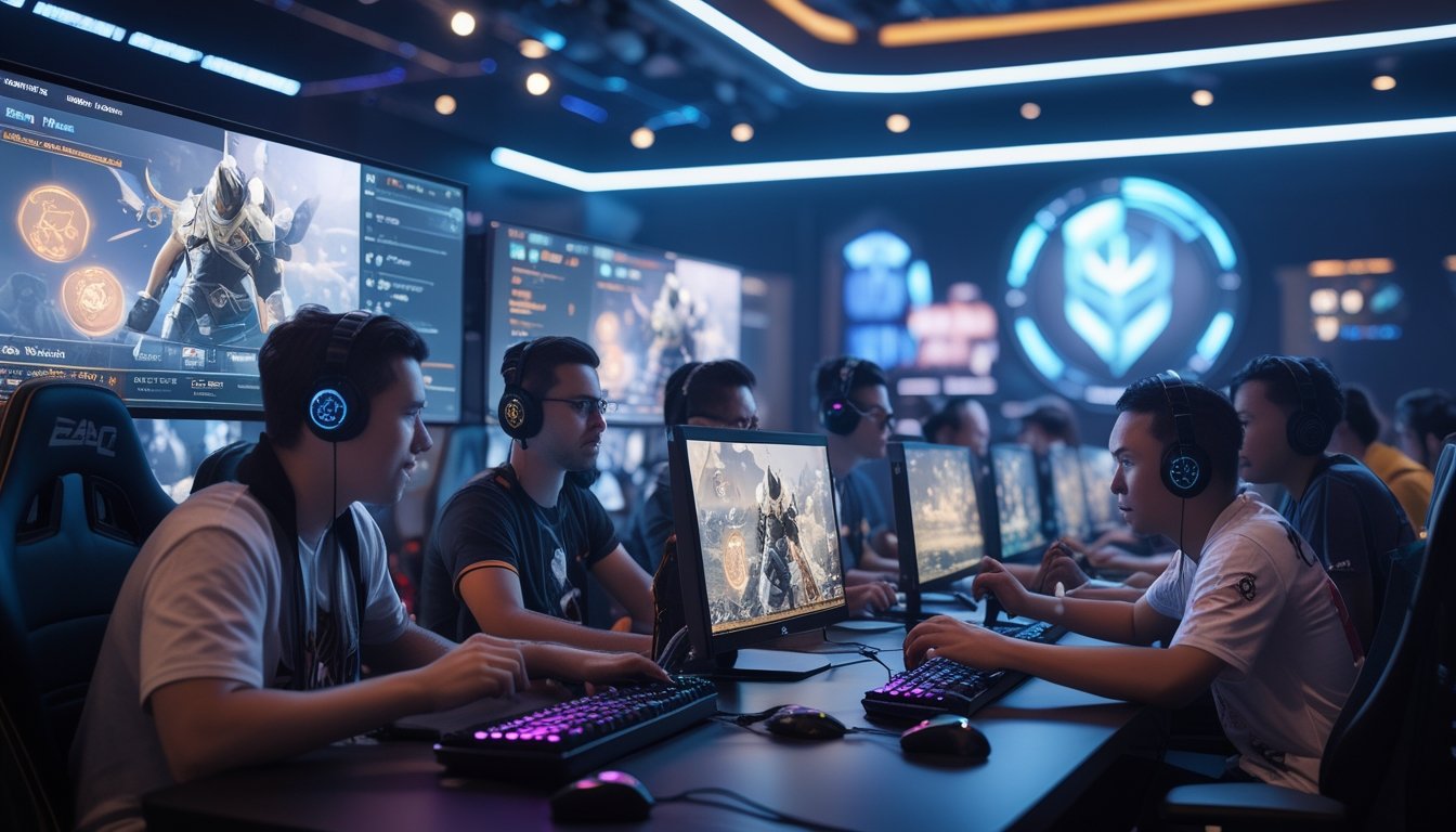 Sekelompok pemain game sedang bermain bersama di sebuah ruang game dengan monitor besar dan pencahayaan warna-warni.