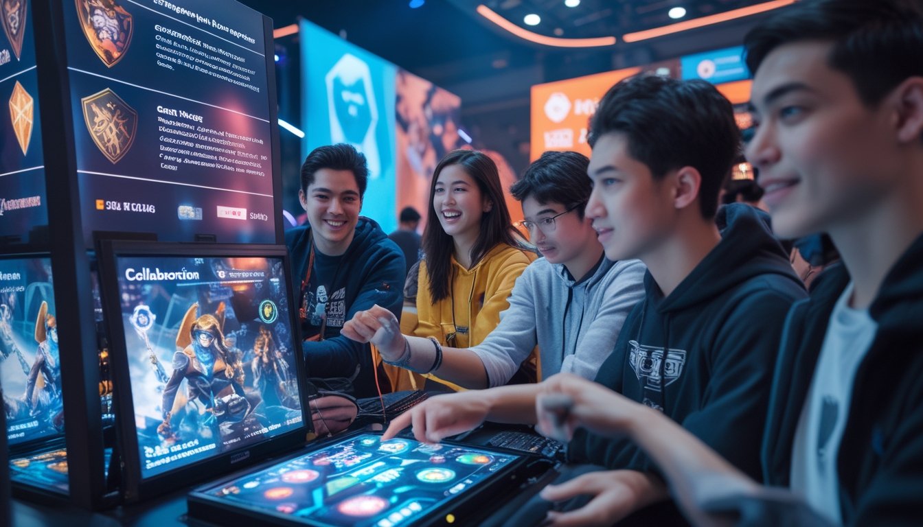 Sekelompok pemain muda antusias berinteraksi dengan tampilan digital futuristik di sebuah acara gaming modern.