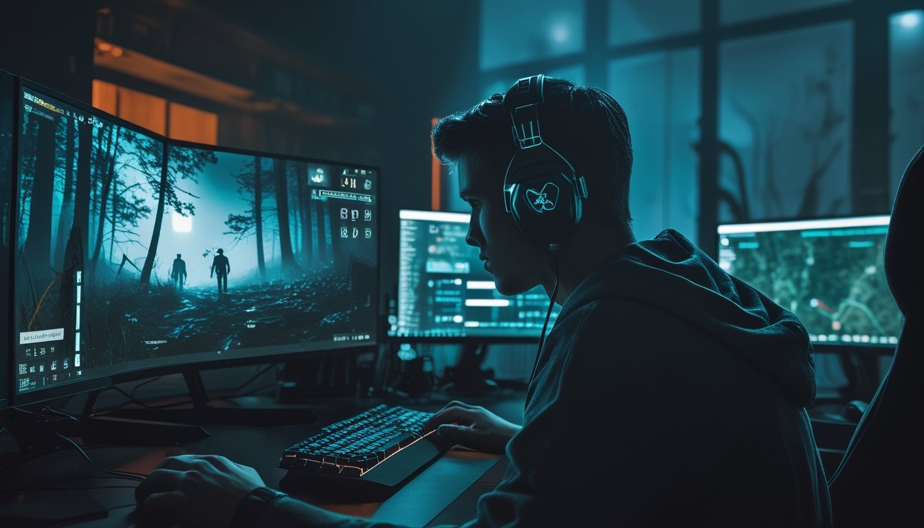 Seorang gamer muda sedang bermain game horor di depan monitor besar dengan suasana ruangan yang remang dan pencahayaan warna-warni, fokus pada permainan bertahan hidup di hutan gelap.