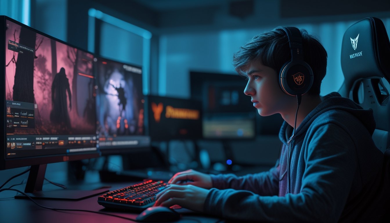 Seorang pemain muda fokus bermain game horor di setup gaming modern dengan beberapa monitor dan pencahayaan ambient.