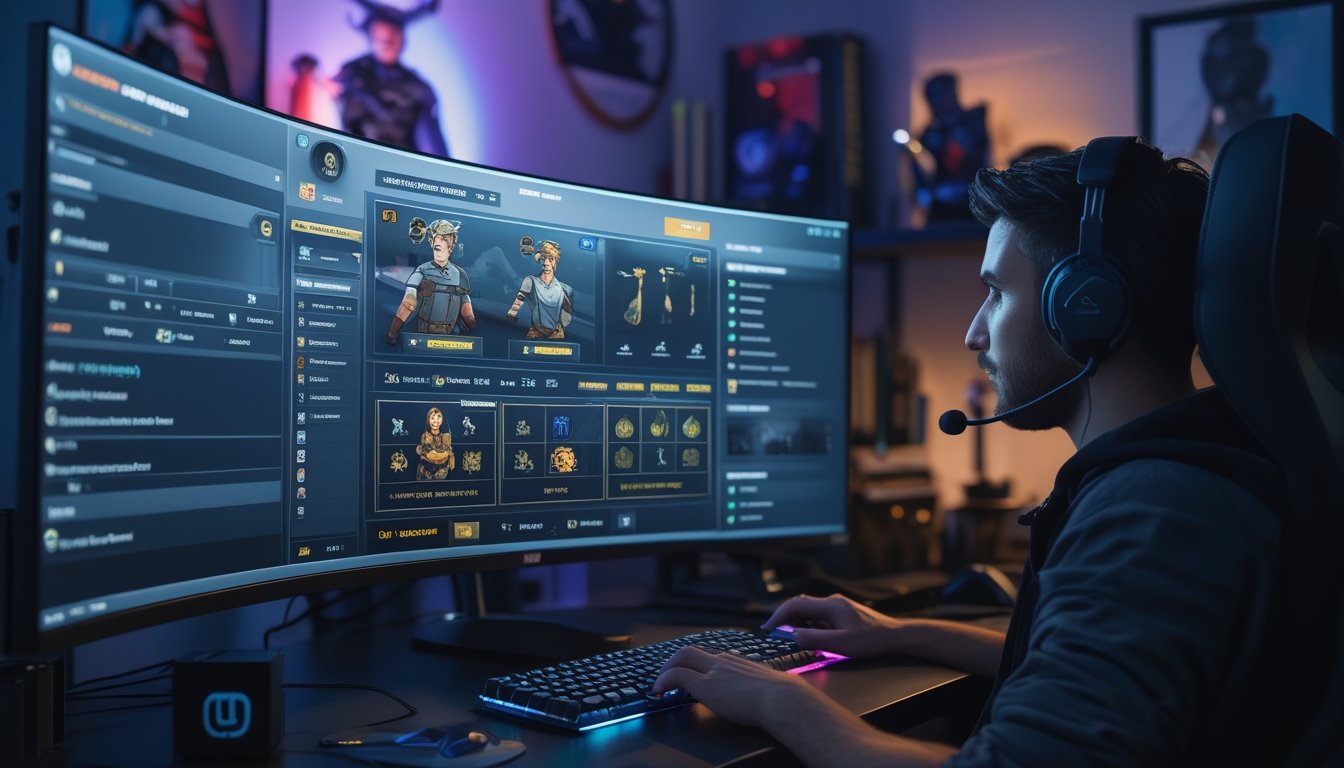 Seorang pemain game fokus di depan komputer dengan layar menampilkan karakter dan opsi pengaturan dalam permainan Dead by Daylight.