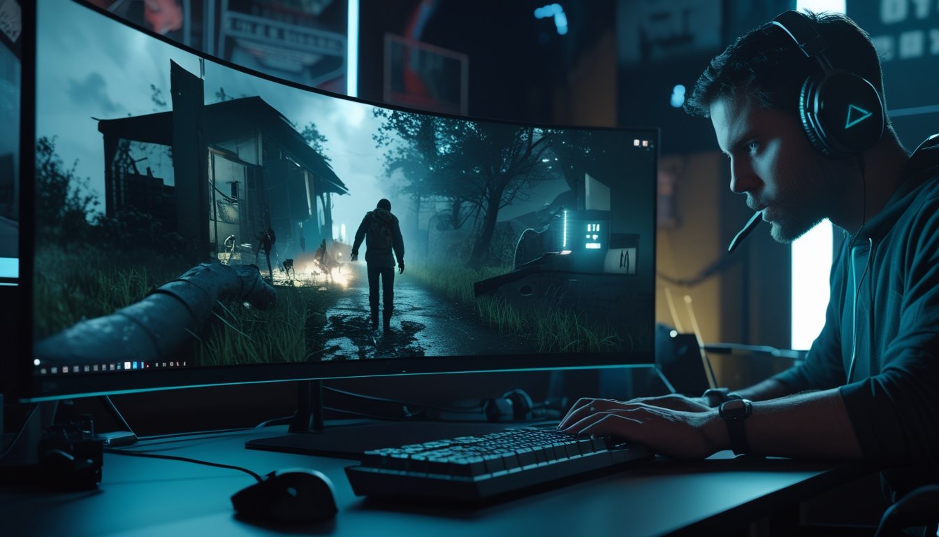 Seorang gamer fokus bermain Dead by Daylight dengan layar menampilkan karakter pembunuh mendekati korban yang terikat dan generator yang sedang ditekan dalam suasana gelap dan tegang.