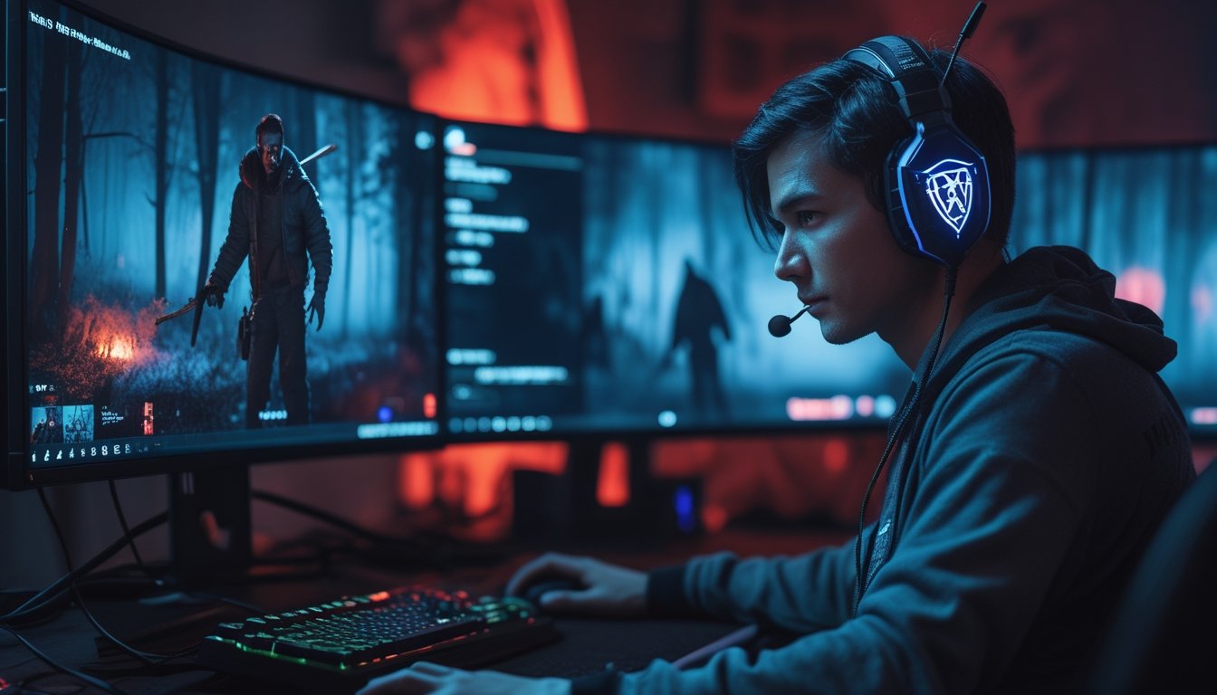 Seorang pemain game sedang fokus bermain Dead by Daylight dengan beberapa monitor menampilkan karakter Killer dalam hutan gelap.