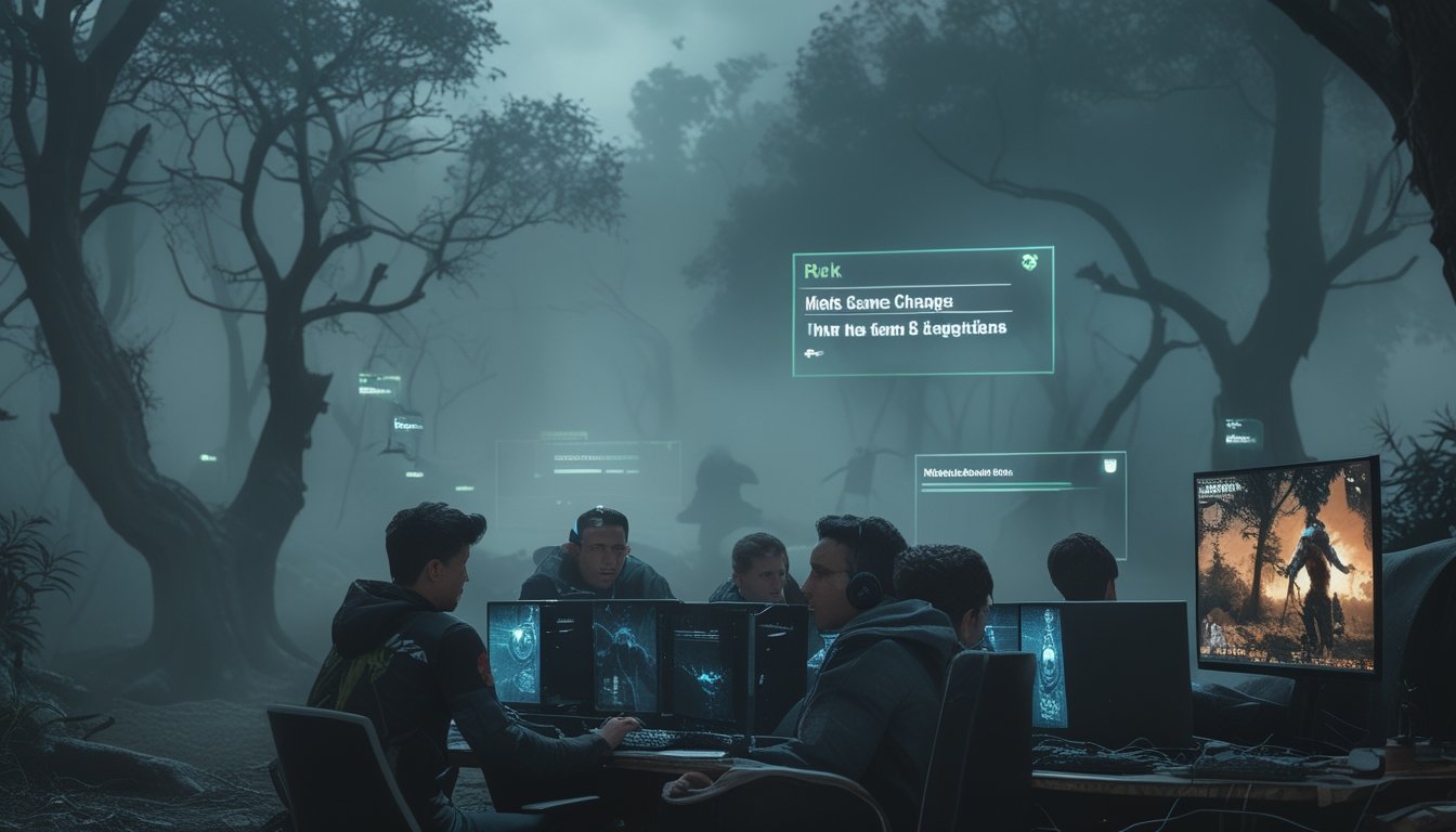 Sekelompok pemain serius sedang bermain game di depan komputer dengan latar hutan gelap dan kabut tebal.