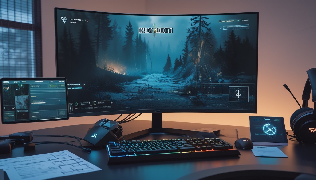 Sebuah setup gaming modern dengan monitor besar yang menampilkan peta gelap dari game Dead by Daylight, dilengkapi dengan keyboard, mouse, headset, dan catatan di meja.