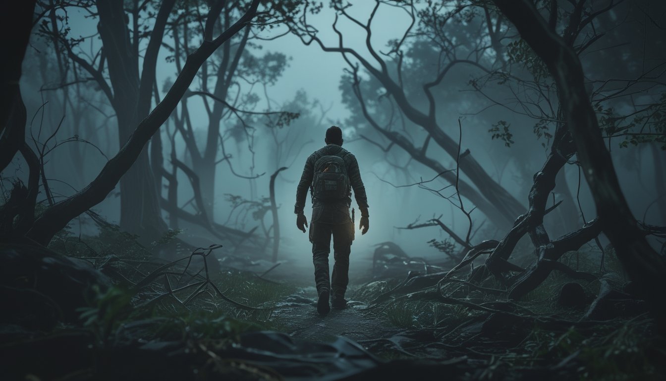 Seorang pemain tunggal berjalan hati-hati di hutan gelap dengan kabut, tampak waspada terhadap bahaya yang mengintai di sekitarnya.