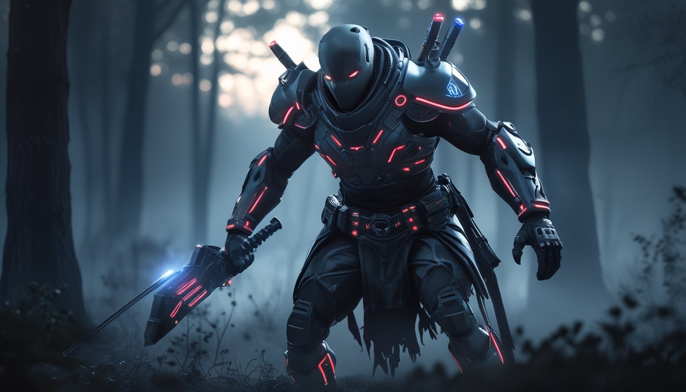 Seorang karakter pembunuh futuristik dengan armor bercahaya berdiri di hutan gelap yang berkabut pada senja hari.