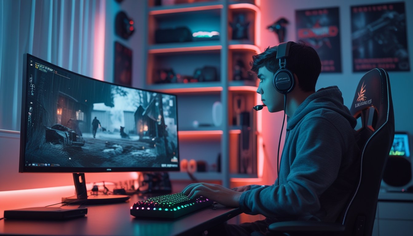Seorang gamer muda fokus bermain video game di ruangan gaming modern dengan pencahayaan ambient dan peralatan gaming lengkap.