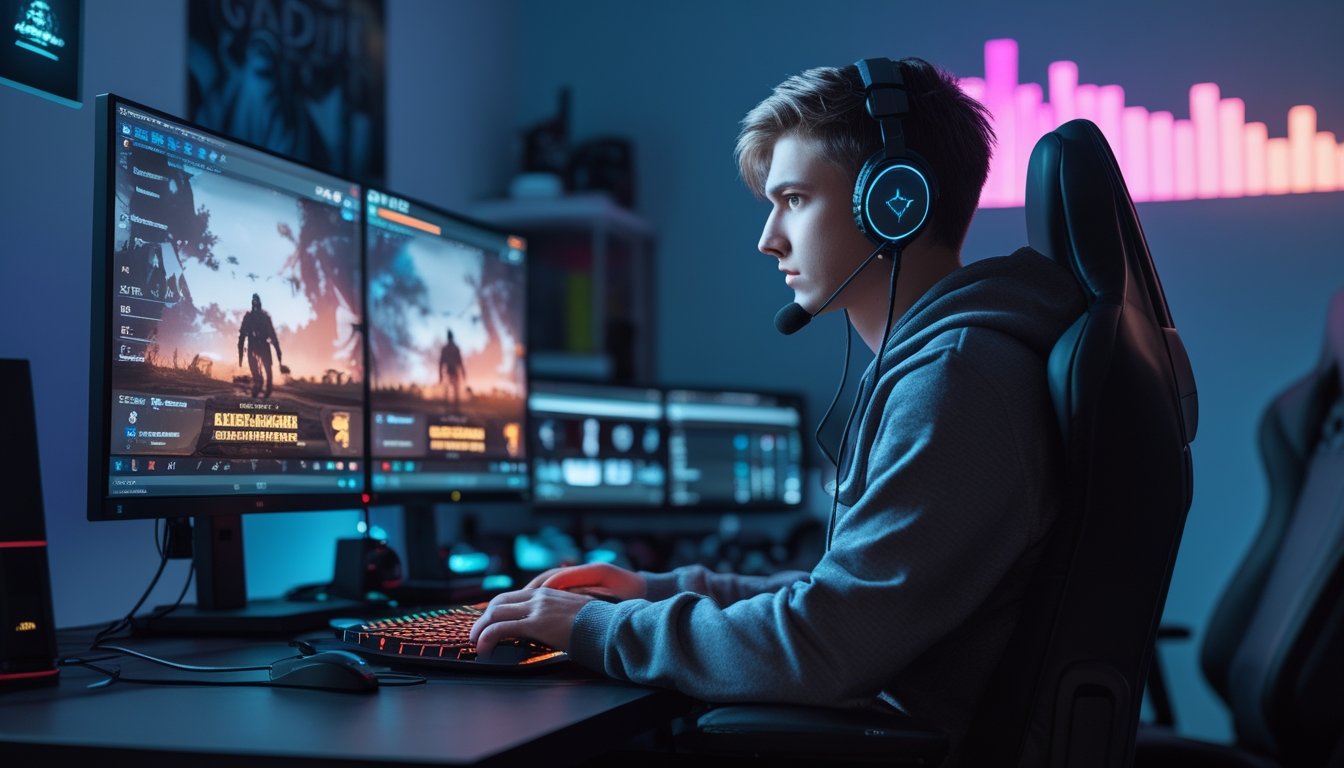 Seorang pemain game muda yang fokus duduk di depan komputer dengan dua layar menampilkan permainan kompetitif, di ruangan dengan pencahayaan warna-warni dan perlengkapan gaming.