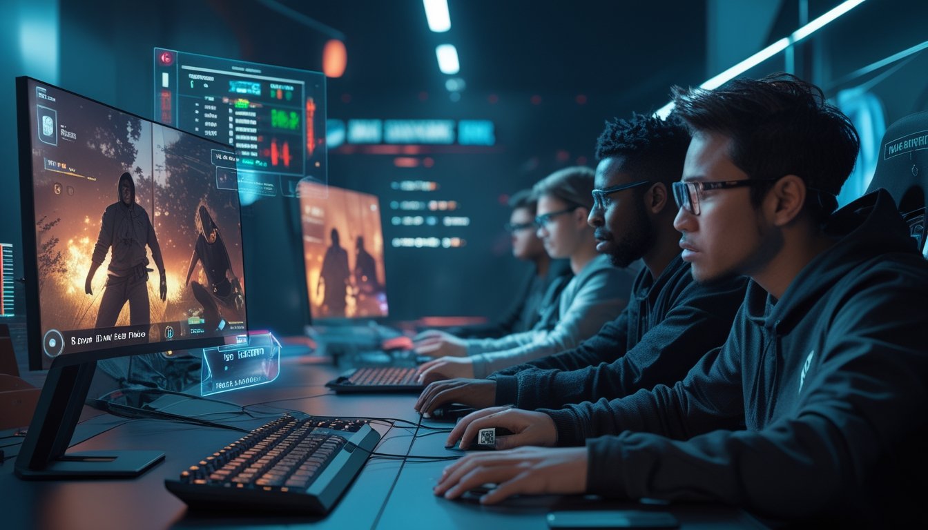 Beberapa pemain sedang bermain game survival horor di ruangan gaming modern dengan layar besar dan efek cahaya futuristik.