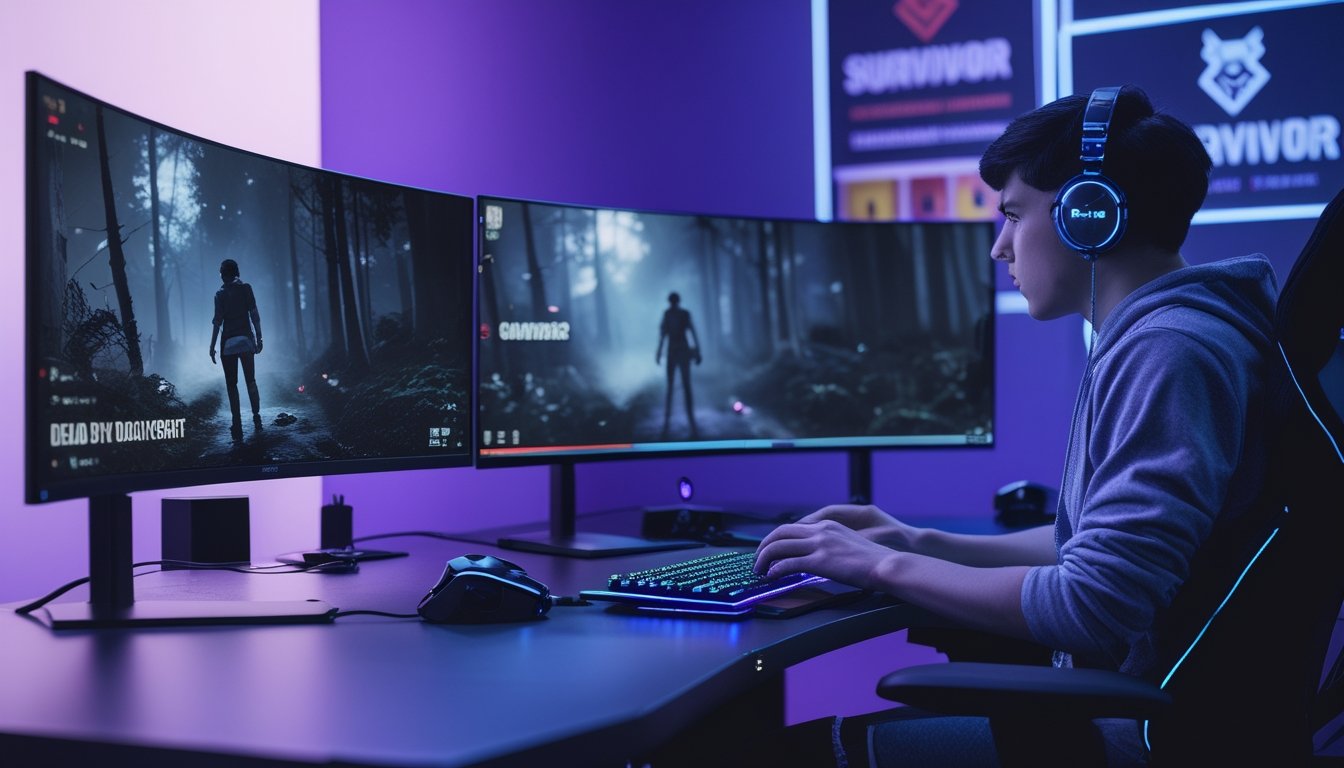 Seorang gamer muda sedang bermain Dead by Daylight dengan setup gaming modern di ruangan yang gelap dan berlampu neon.