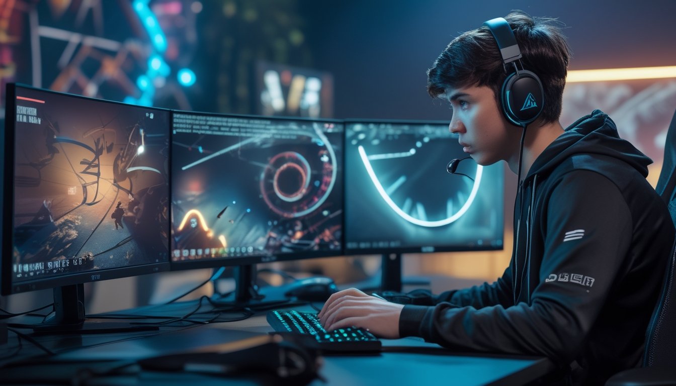 Seorang pemain game fokus bermain Dead by Daylight di depan dua monitor dengan latar belakang pencahayaan LED dan perlengkapan gaming.