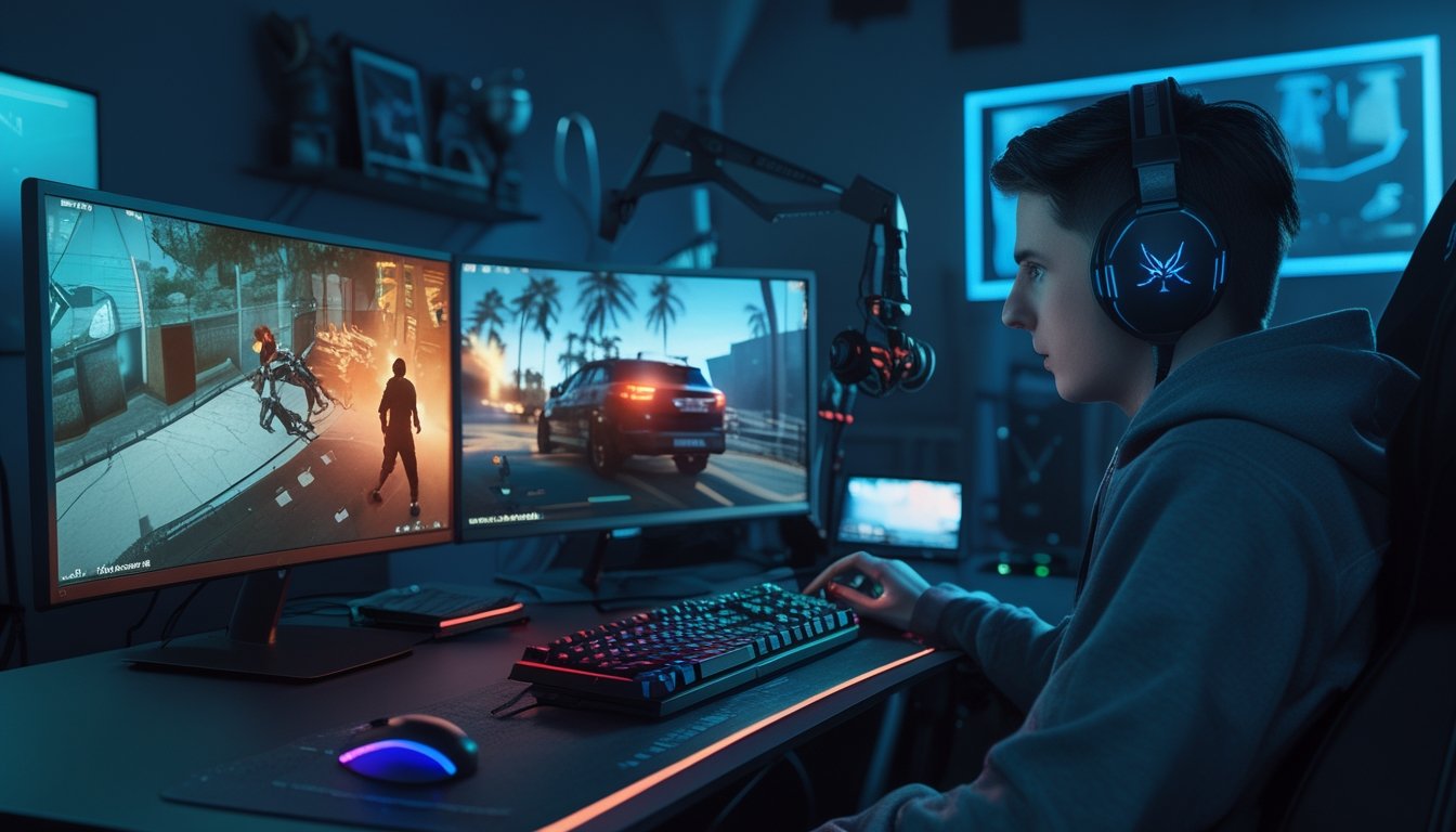 Seorang gamer muda fokus bermain Dead by Daylight dengan layar yang menampilkan adegan pelarian intens dalam permainan.