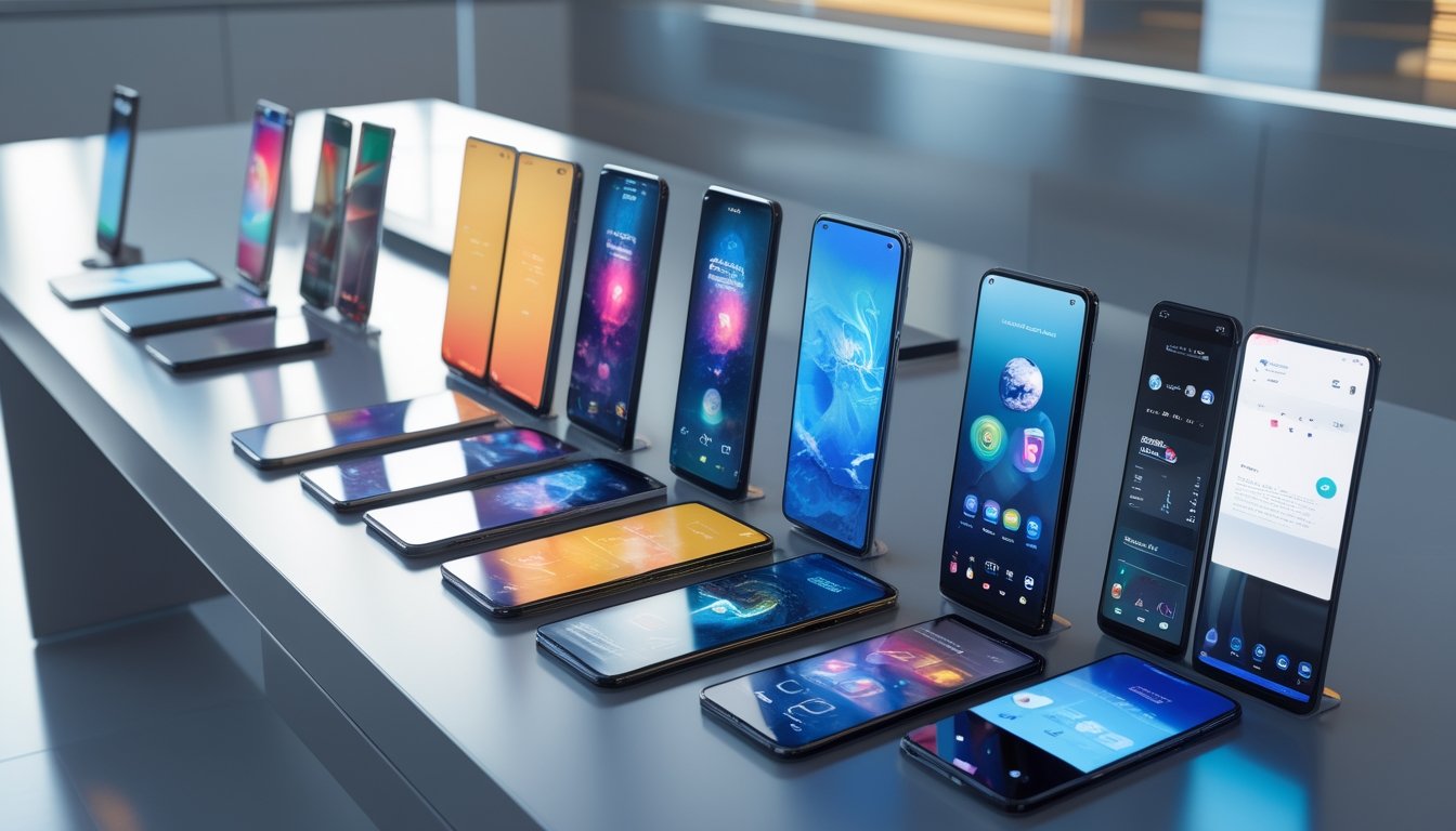 Beberapa model smartphone terbaru dan canggih tahun 2026 ditampilkan di atas meja dalam ruangan pamer teknologi yang terang.