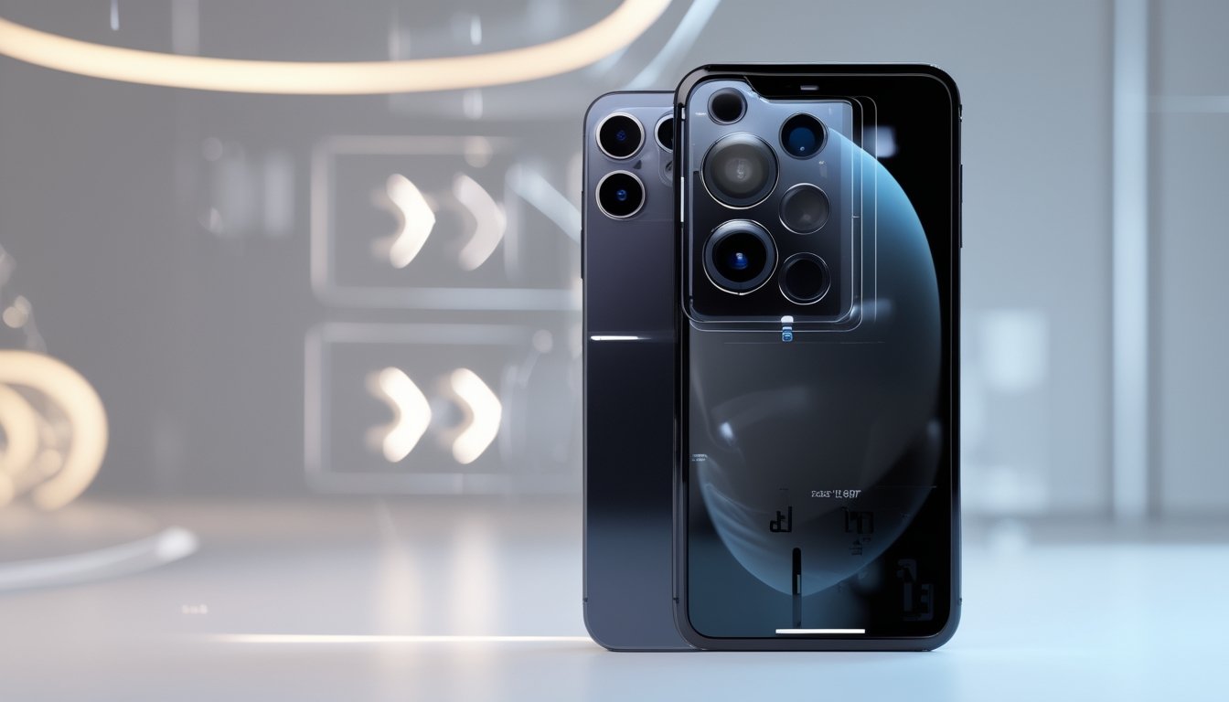 Sebuah ponsel futuristik dengan desain modern dan kamera canggih ditampilkan di tengah dengan latar belakang teknologi.