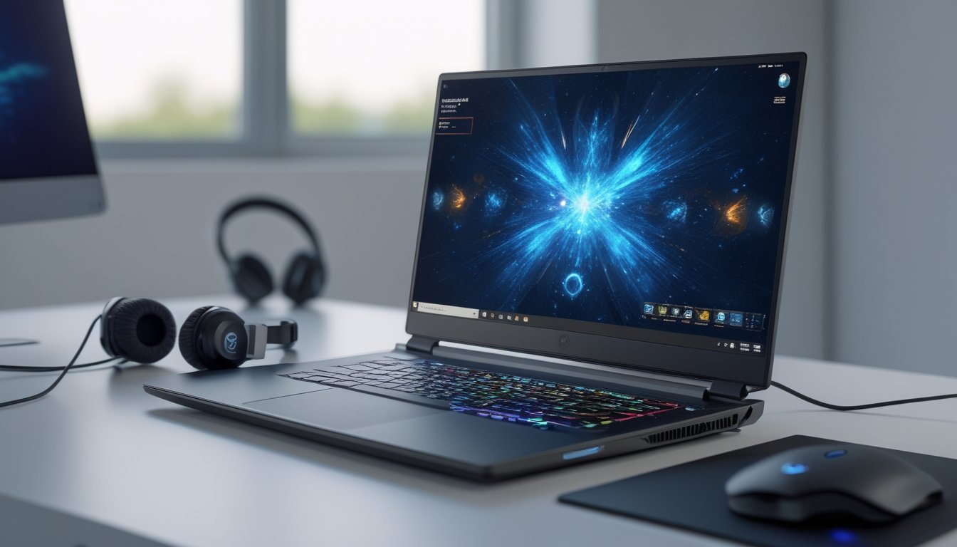 Laptop gaming modern di atas meja dengan aksesori gaming di sekitarnya.