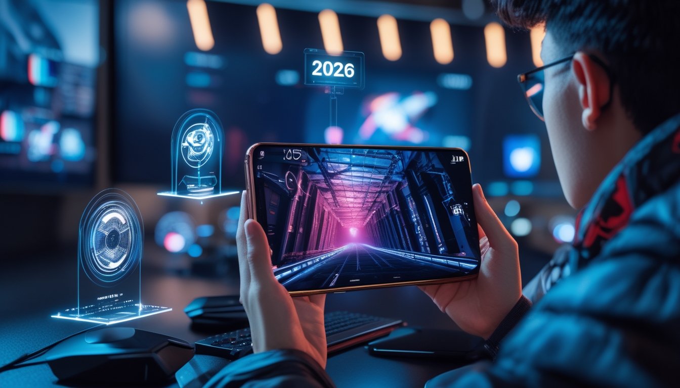 Seorang gamer muda memegang smartphone futuristik yang menampilkan permainan intens di layar, dengan latar belakang setup gaming modern dan pencahayaan dinamis.