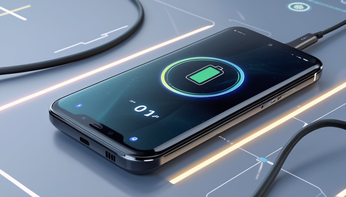 Gambar sebuah smartphone modern dengan ikon baterai menyala dan simbol pengisian cepat di latar futuristik.