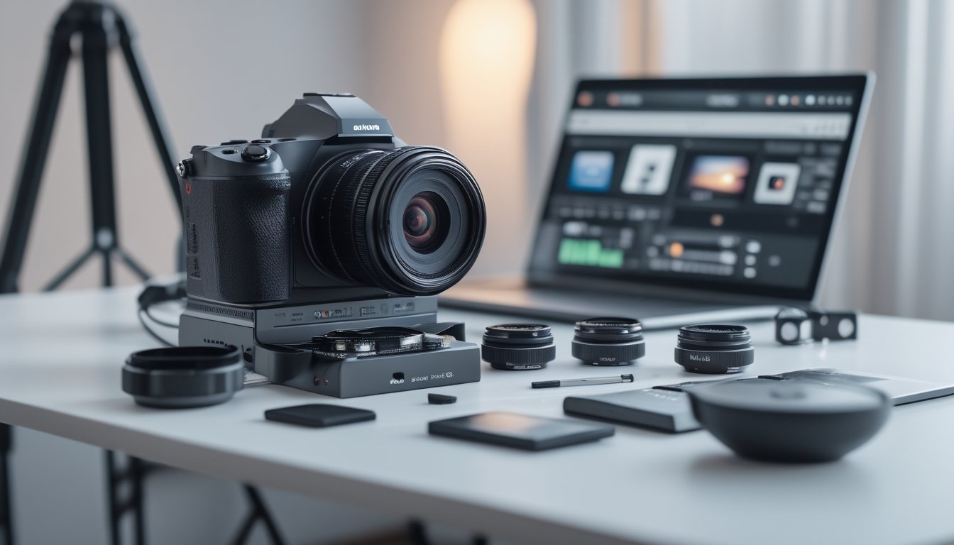 Sebuah kamera digital modern dengan lensa ganda dan aksesori di atas meja minimalis, menunjukkan teknologi kamera terbaru untuk foto dan video.