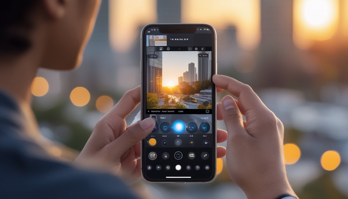 Seseorang memegang smartphone modern yang sedang mengambil foto atau video di luar ruangan dengan latar belakang kota atau alam.