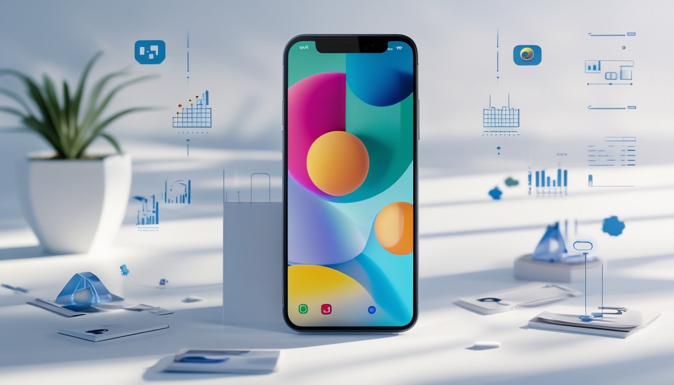 Sebuah smartphone modern diletakkan di atas permukaan putih dengan ikon aplikasi berwarna-warni di layar, dikelilingi oleh elemen teknologi dan simbol harga terjangkau.
