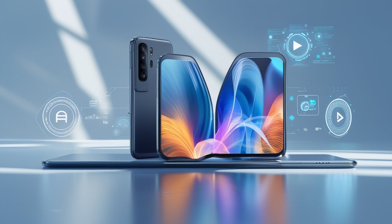 Smartphone futuristik dengan layar lipat terbuka sebagian di atas permukaan modern, dikelilingi ikon holografik teknologi AI.