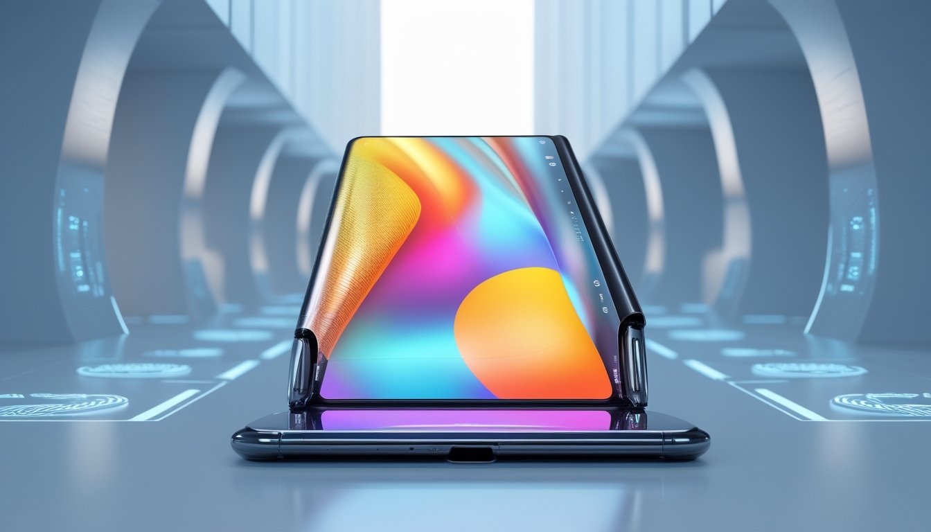 Sebuah ponsel pintar futuristik dengan layar lipat yang sebagian terbuka, menampilkan tampilan warna cerah dan elemen antarmuka AI holografis di sekitarnya.