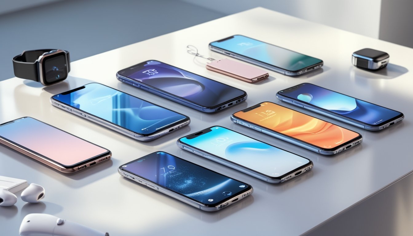 Beberapa model smartphone terbaru tahun 2026 diletakkan berdampingan di atas meja dengan latar belakang terang dan minimalis.