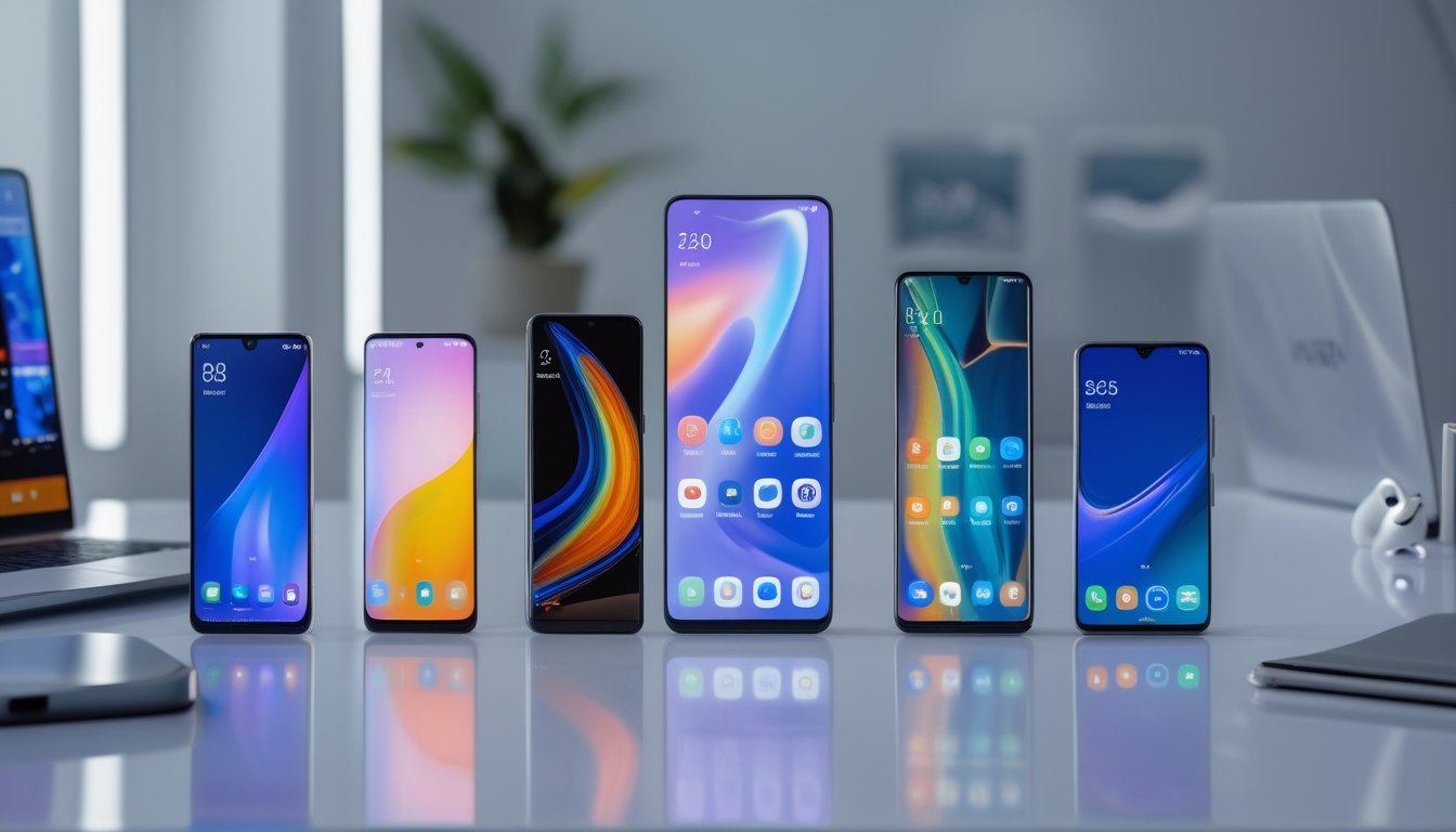 Beberapa ponsel pintar terbaru dari Samsung, Xiaomi, iPhone, dan Oppo tersusun rapi di atas meja putih dengan latar belakang ruang kerja teknologi yang terang.