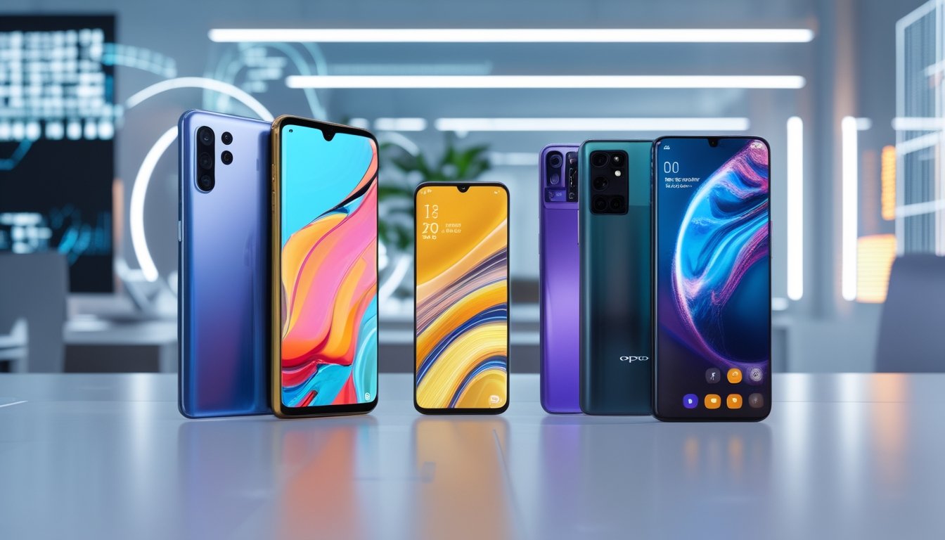 Beberapa smartphone terbaru dari Samsung, Xiaomi, iPhone, dan Oppo diletakkan di atas meja kerja modern dengan latar belakang teknologi futuristik.