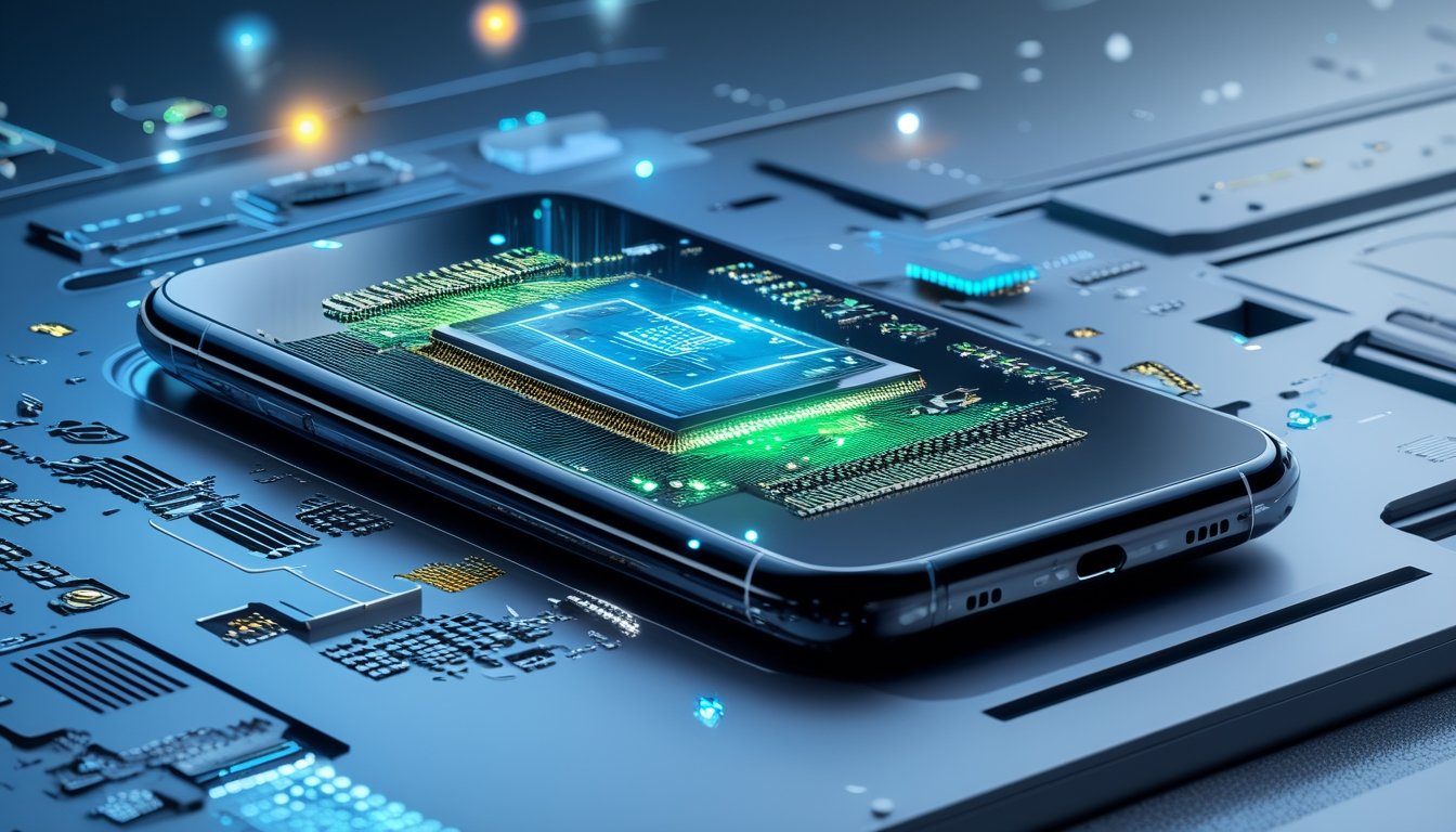 Gambar close-up smartphone modern dengan tampilan prosesor internal yang menyala dan elemen digital futuristik di sekitarnya.