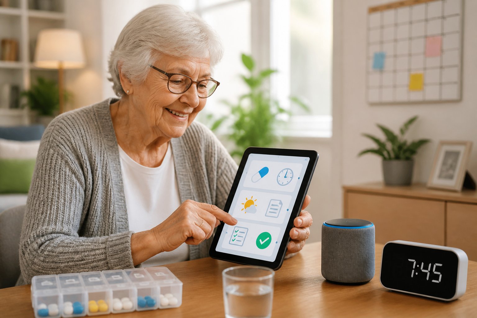 Elderly person using a tablet at home with medication organizer and smart devices nearby, showing daily routine support.