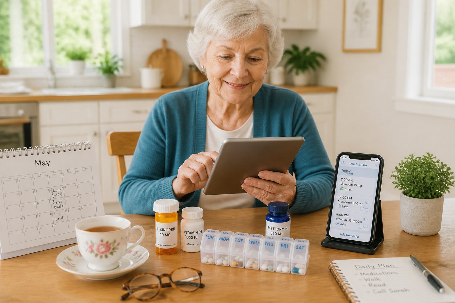 An elderly person using a tablet at a kitchen table with medication bottles and a smartphone showing reminders nearby.