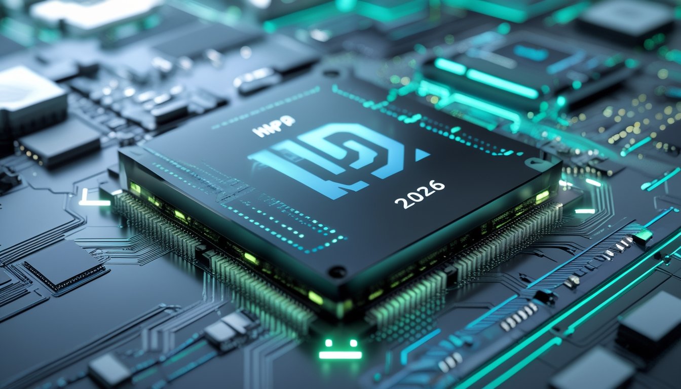 Gambar close-up sebuah chip prosesor modern yang terpasang pada motherboard dengan pola sirkuit bercahaya, menggambarkan teknologi AI dan efisiensi daya.