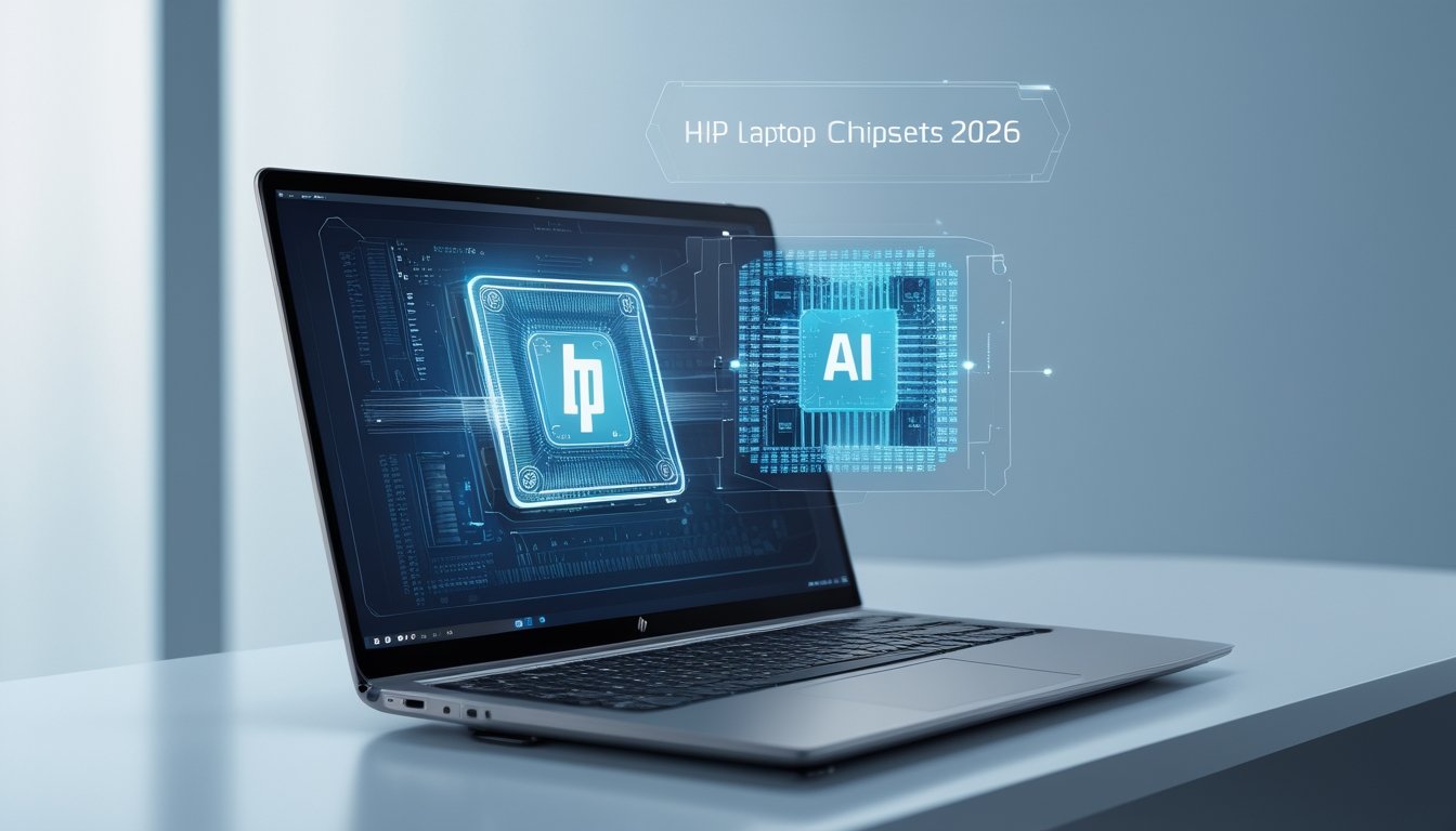 Sebuah laptop HP modern terbuka di atas meja dengan visual hologram chip AI dan grafik digital yang melambangkan prosesor canggih dan efisiensi daya.