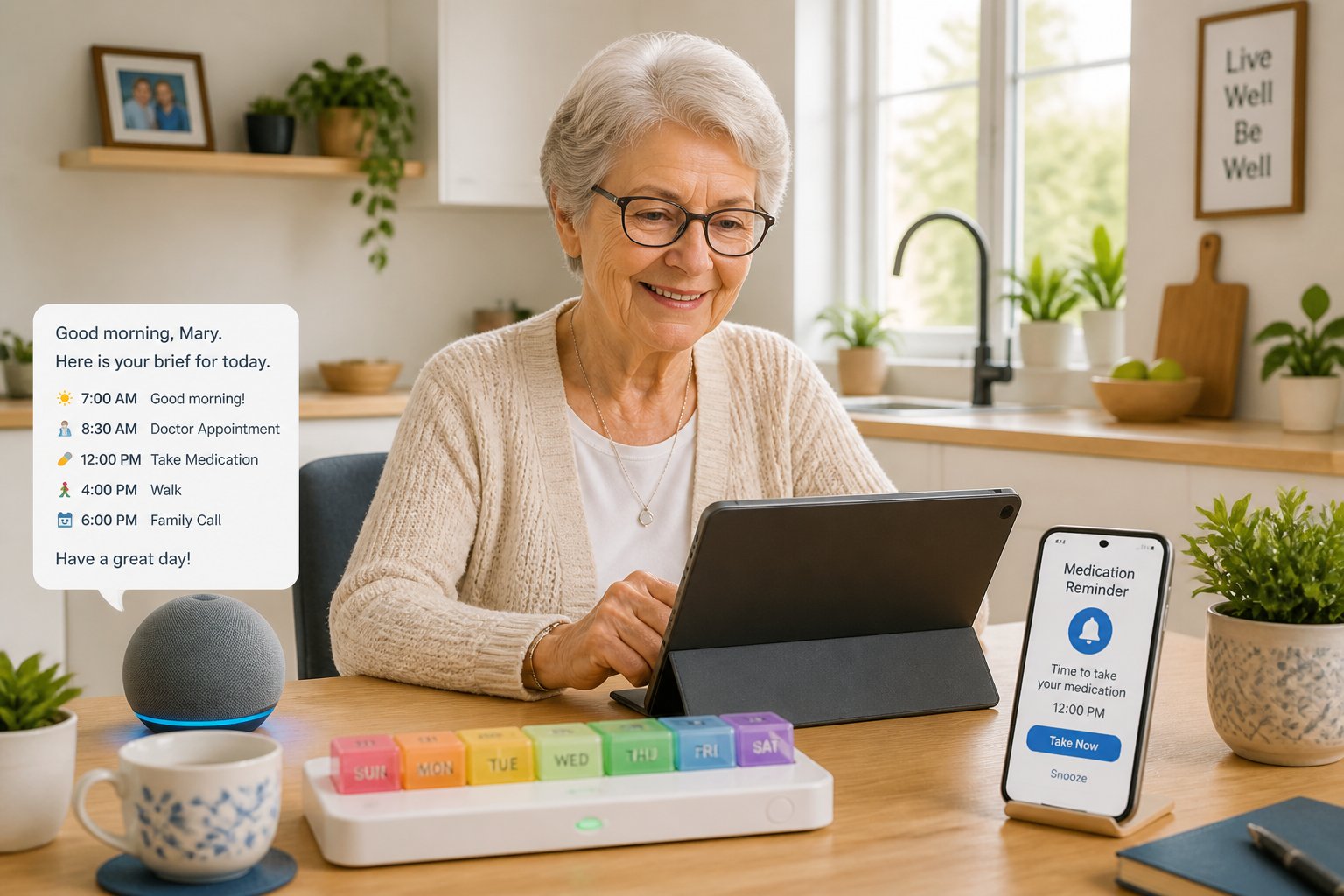 Senior woman sitting at a kitchen table using a tablet with a smart pill organizer and smartphone nearby.
