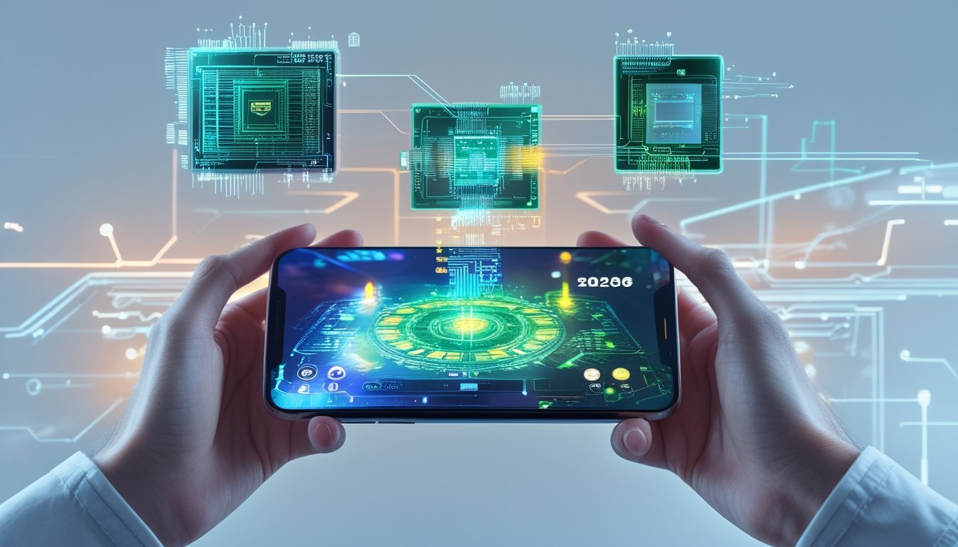 Sebuah tangan memegang smartphone modern yang menampilkan permainan mobile dengan grafik futuristik, dikelilingi oleh elemen holografik chip dan sirkuit teknologi canggih.