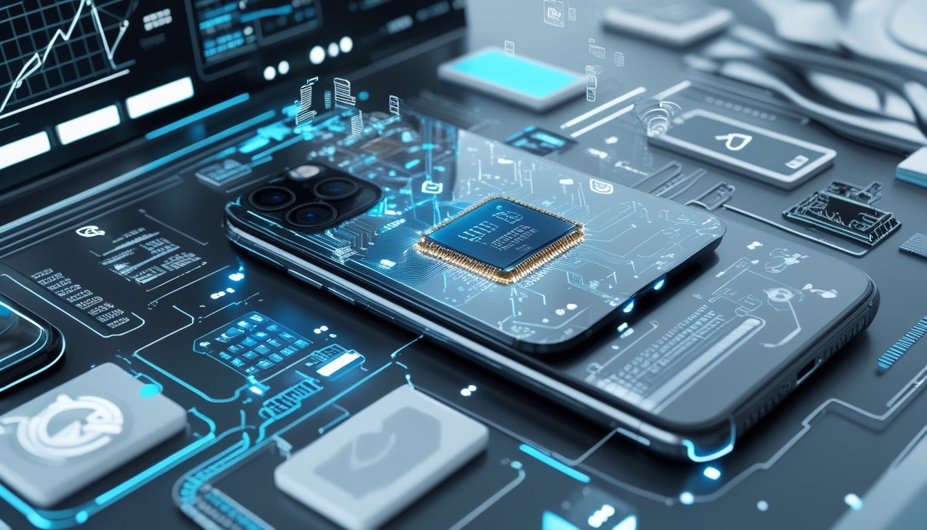 Sebuah ponsel pintar futuristik dengan tampilan prosesor canggih dan elemen holografik yang melambangkan teknologi dan permainan mobile.