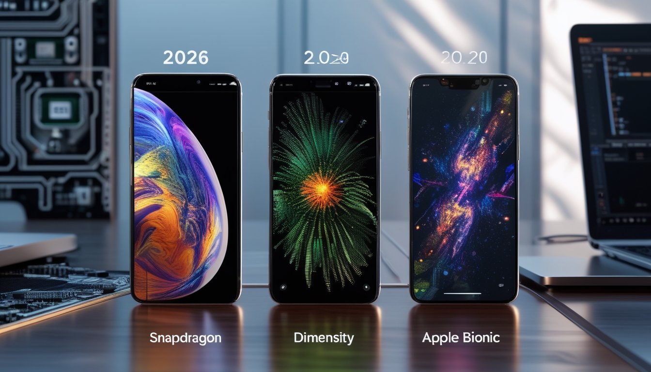 Tiga smartphone terbaru diletakkan berdampingan di atas meja kayu dengan pola digital berwarna di layar masing-masing, menggambarkan perbandingan prosesor handphone generasi baru.