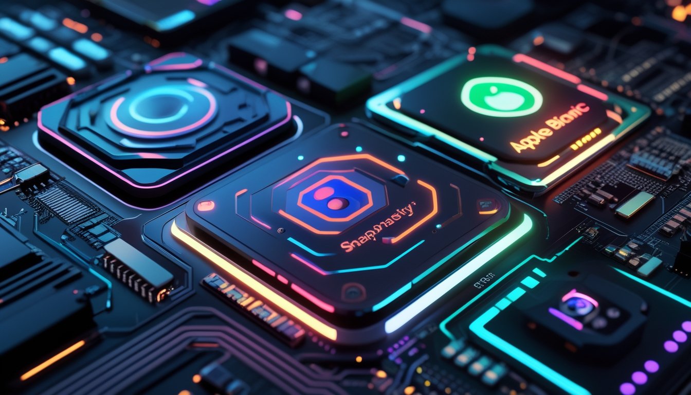 Tiga mikrochip prosesor ponsel generasi baru dengan latar belakang papan sirkuit berteknologi tinggi.
