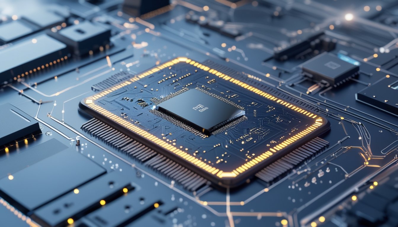 Close-up papan sirkuit smartphone dengan chip canggih dan pola jaringan AI yang mengelilinginya.