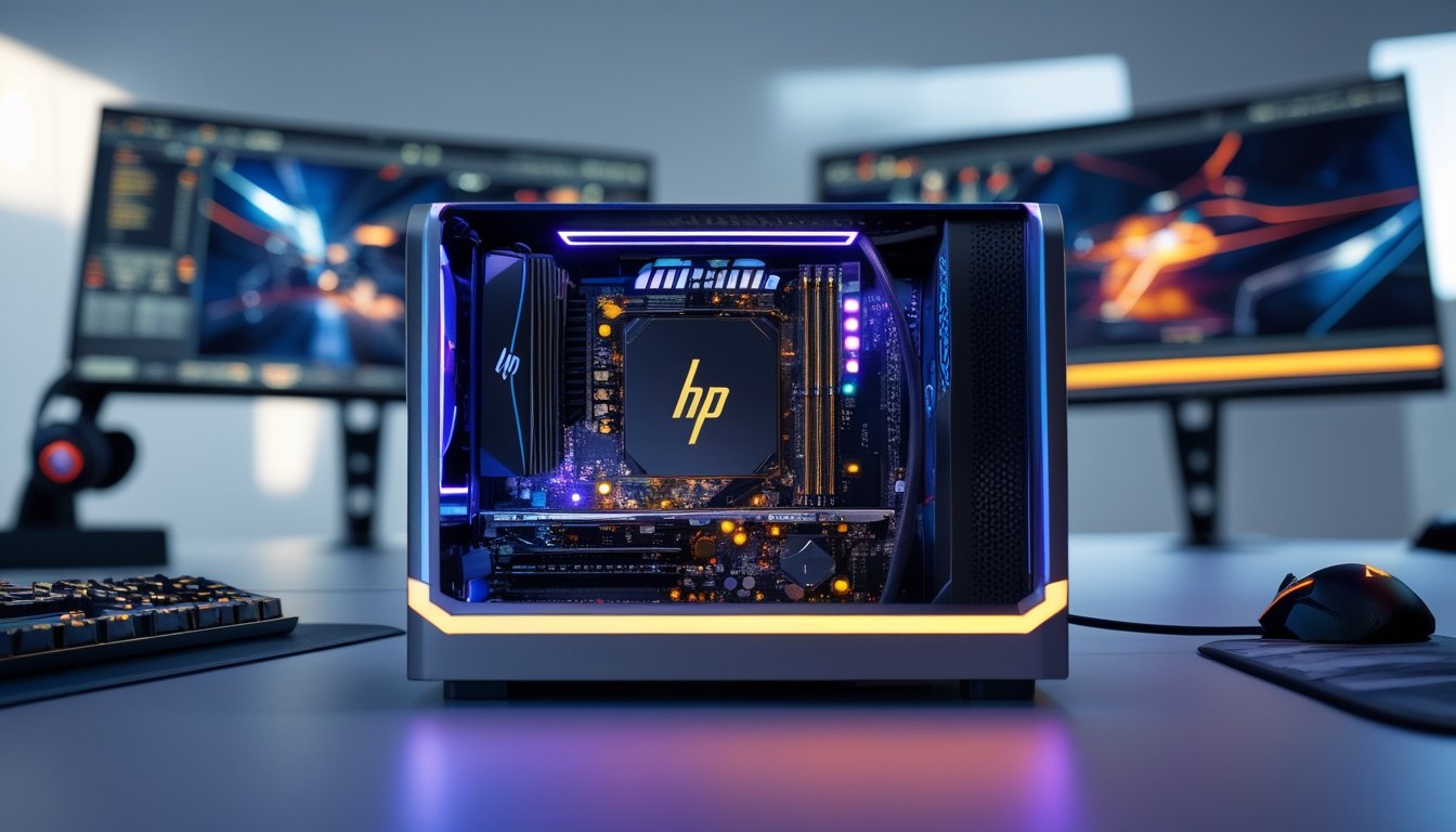 Sebuah setup komputer modern dengan prosesor HP terbaru yang terbuka, menampilkan aktivitas multitasking dan permainan berat di layar monitor.