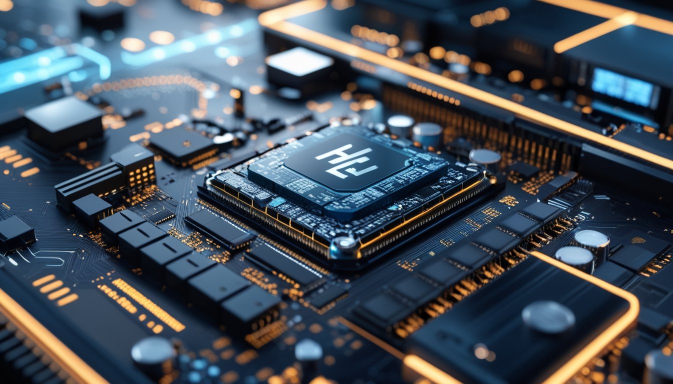 Gambar close-up prosesor HP terbaru di papan sirkuit komputer dengan latar belakang teknologi digital futuristik.