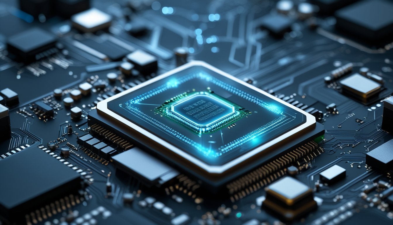 Close-up papan sirkuit smartphone dengan chip prosesor yang menyala dan pola jaringan AI di latar belakang.